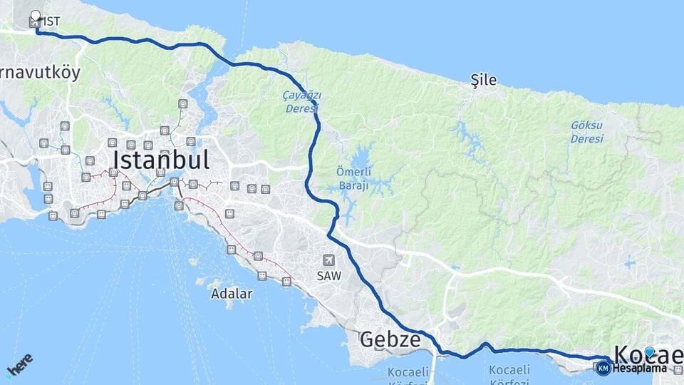 Kocaeli İzmit İstanbul Havalimanı Arası Kaç Km - Yol Haritası