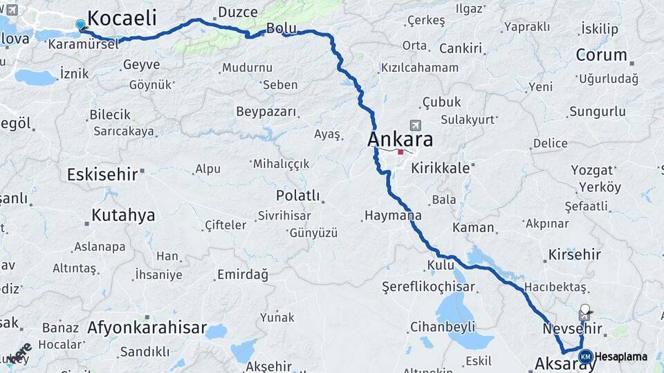 Kocaeli İzmit Kapadokya Havalimanı Arası Kaç Km - Yol Haritası