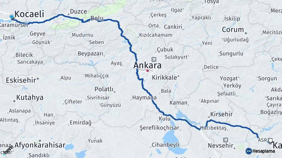 Kocaeli İzmit Kayseri Arası Kaç Km - Yol Haritası