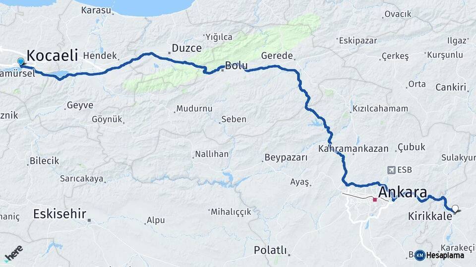 Kocaeli İzmit Kırıkkale Arası Kaç Km - Yol Haritası