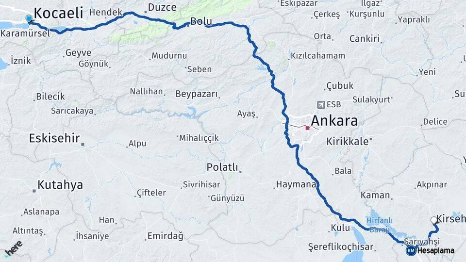 Kocaeli İzmit Kırşehir Arası Kaç Km - Yol Haritası