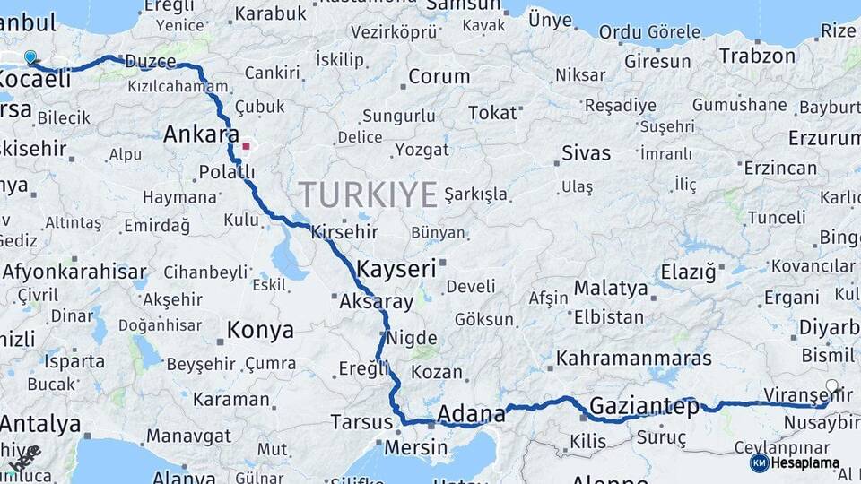 Kocaeli İzmit Mardin Arası Kaç Km - Yol Haritası