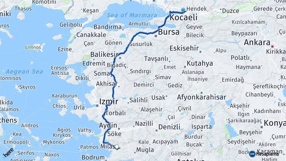 Kocaeli İzmit Milas Muğla Arası Kaç Km - Yol Haritası