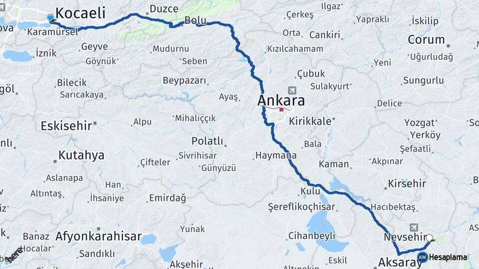 Kocaeli İzmit Nevşehir Arası Kaç Km - Yol Haritası