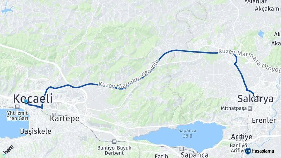 Kocaeli İzmit Sakarya Arası Kaç Km - Yol Haritası