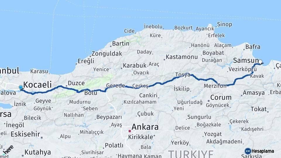 Kocaeli İzmit Samsun Arası Kaç Km - Yol Haritası