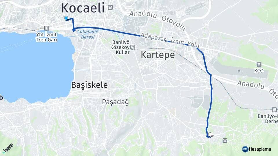 Kocaeli İzmit Suadiye Kartepe Arası Kaç Km - Yol Haritası