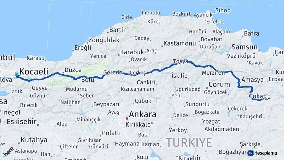 Kocaeli İzmit Tokat Arası Kaç Km - Yol Haritası