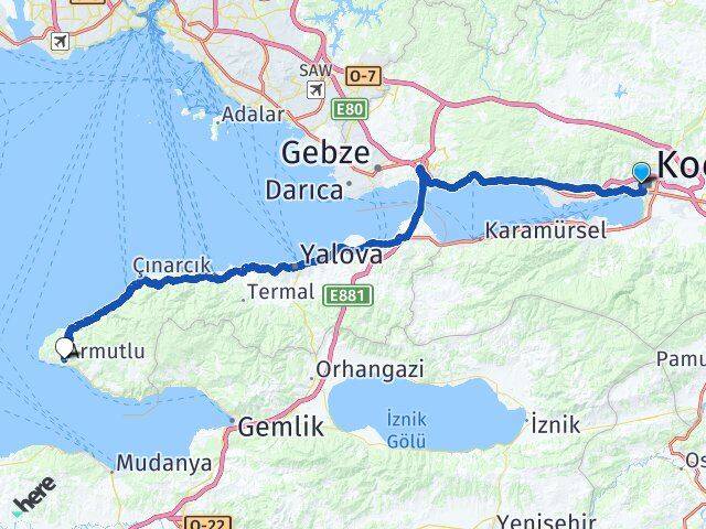Kocaeli İzmit Topçular Armutlu Yalova Arası Kaç Km - Yol Haritası