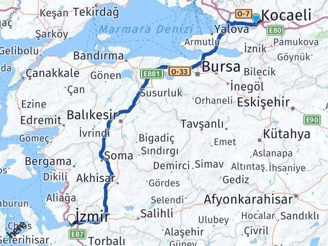 Kocaeli İzmit Topçular İzmir Arası Kaç Km - Yol Haritası
