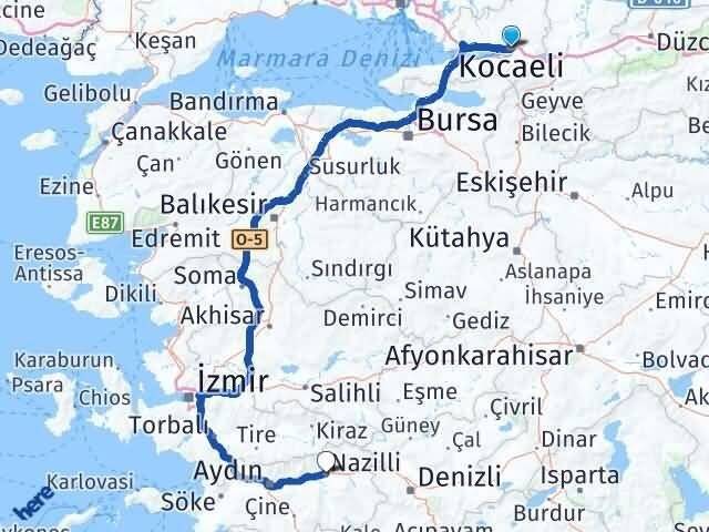 Kocaeli İzmit Topçular Nazilli Aydın Arası Kaç Km - Yol Haritası