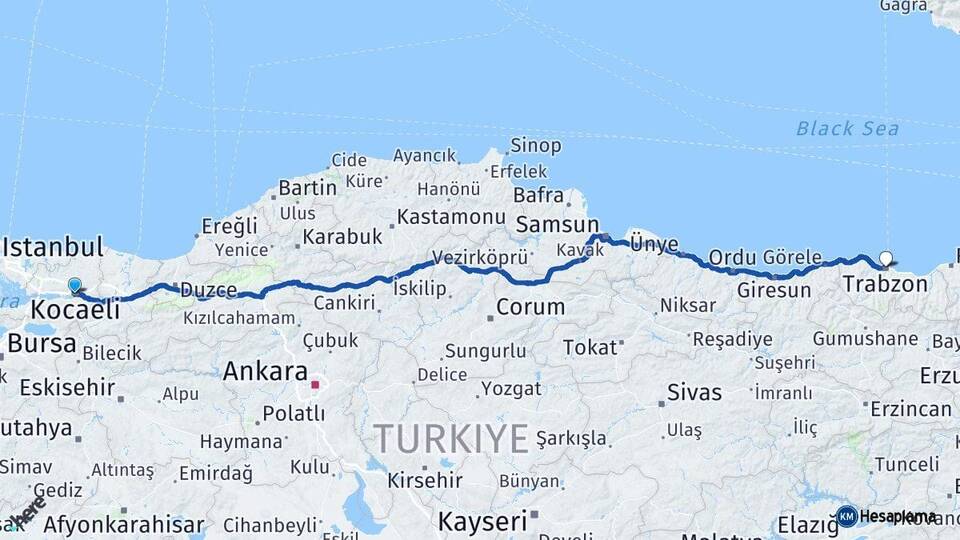Kocaeli İzmit Trabzon Arası Kaç Km - Yol Haritası