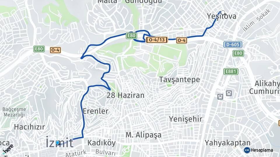Kocaeli İzmit Yeşilova İzmit Arası Kaç Km - Yol Haritası