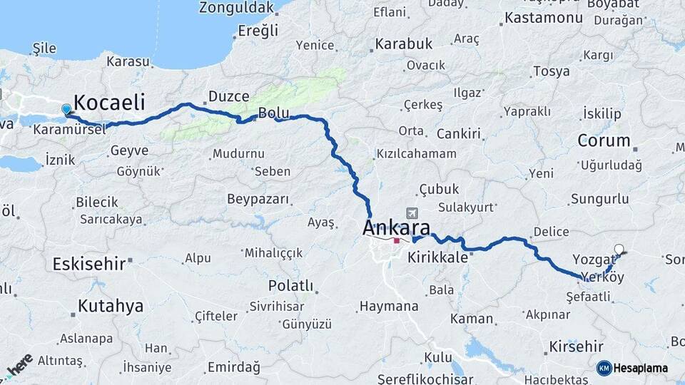 Kocaeli İzmit Yozgat Arası Kaç Km - Yol Haritası