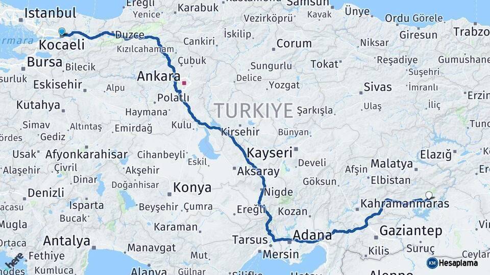 Kocaeli Kahta Adıyaman Arası Kaç Km - Yol Haritası