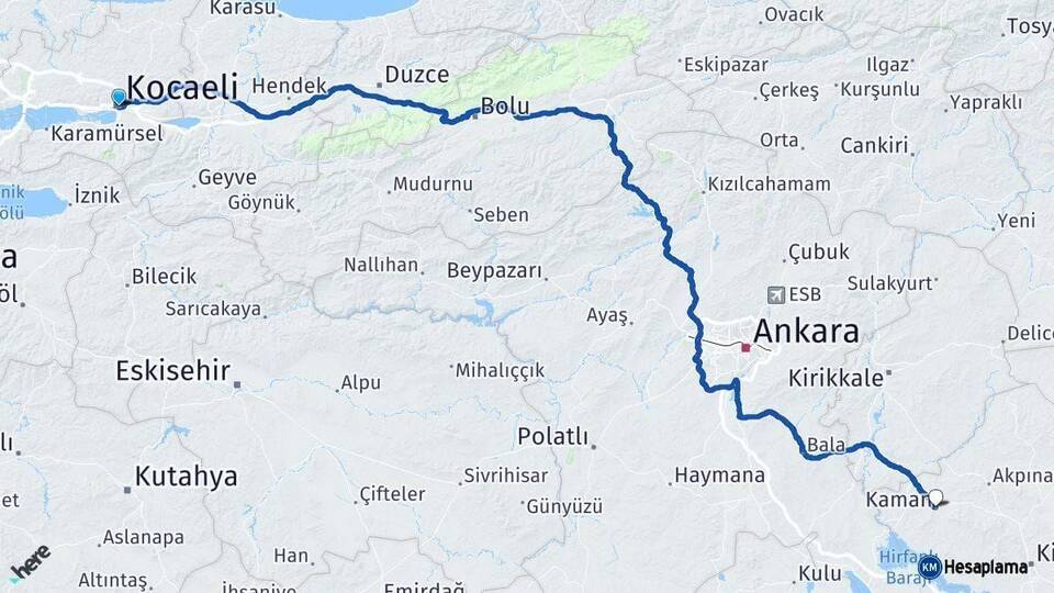 Kocaeli Kaman Kırşehir Arası Kaç Km - Yol Haritası