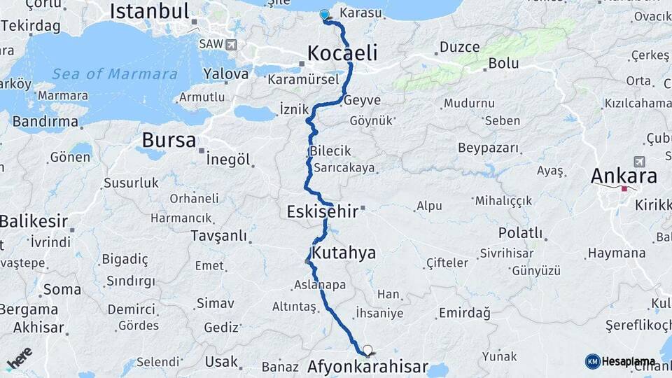 Kocaeli Kandıra Afyonkarahisar Arası Kaç Km - Yol Haritası