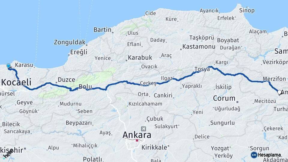 Kocaeli Kandıra Amasya Arası Kaç Km - Yol Haritası
