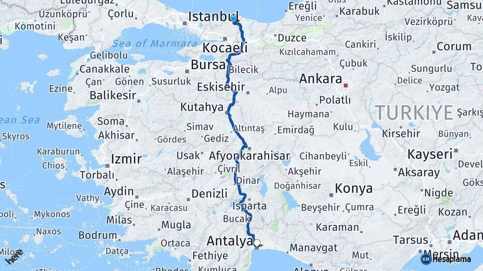 Kocaeli Kandıra Antalya Arası Kaç Km - Yol Haritası