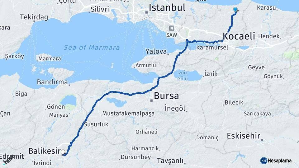 Kocaeli Kandıra Balıkesir Arası Kaç Km - Yol Haritası