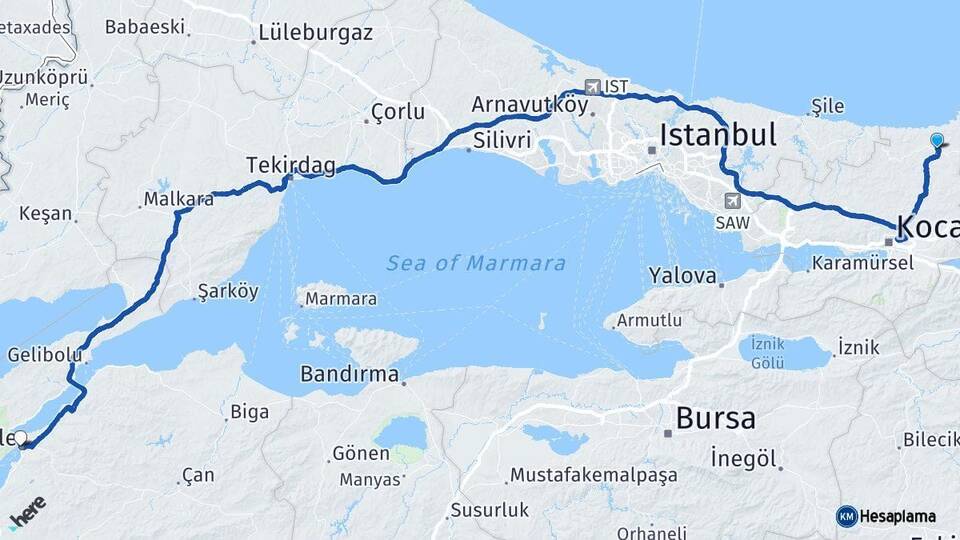 Kocaeli Kandıra Çanakkale Arası Kaç Km - Yol Haritası