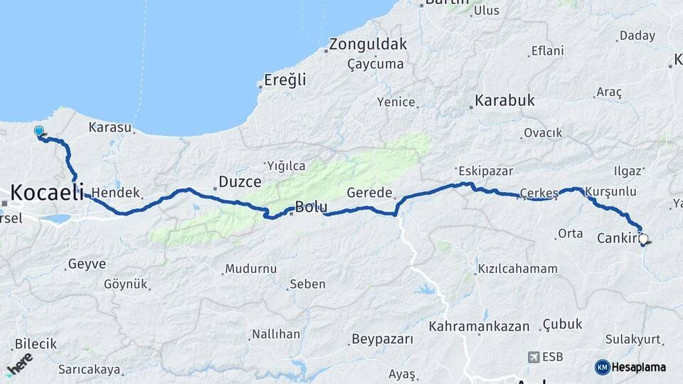 Kocaeli Kandıra Çankırı Arası Kaç Km - Yol Haritası