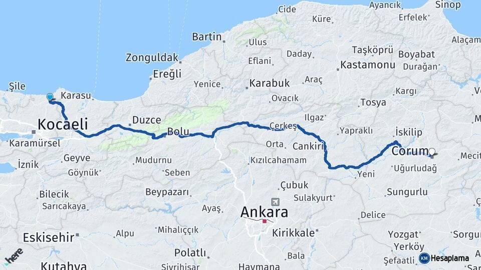 Kocaeli Kandıra Çorum Arası Kaç Km - Yol Haritası