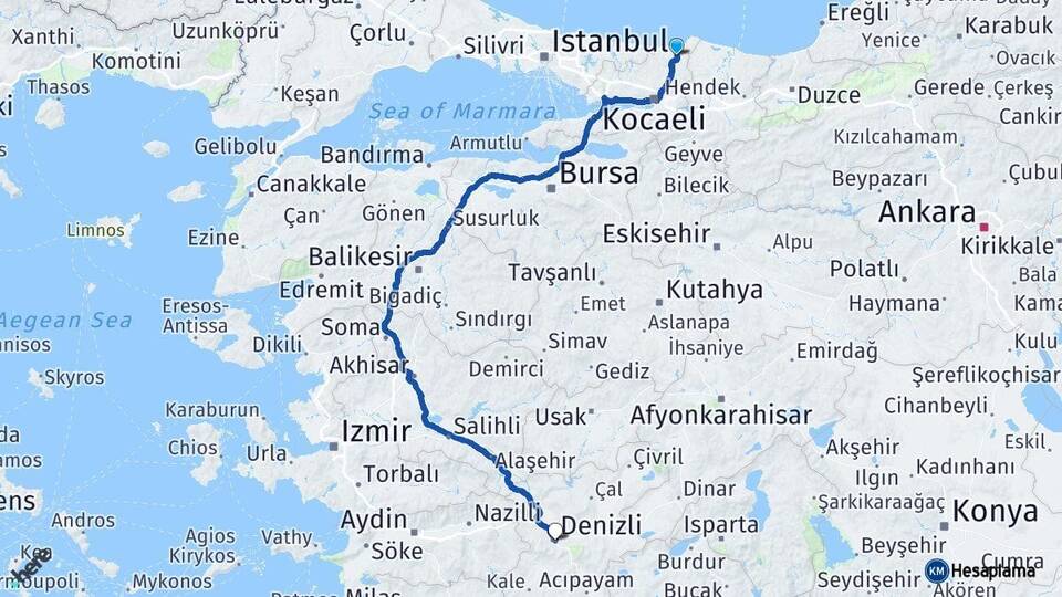 Kocaeli Kandıra Denizli Arası Kaç Km - Yol Haritası
