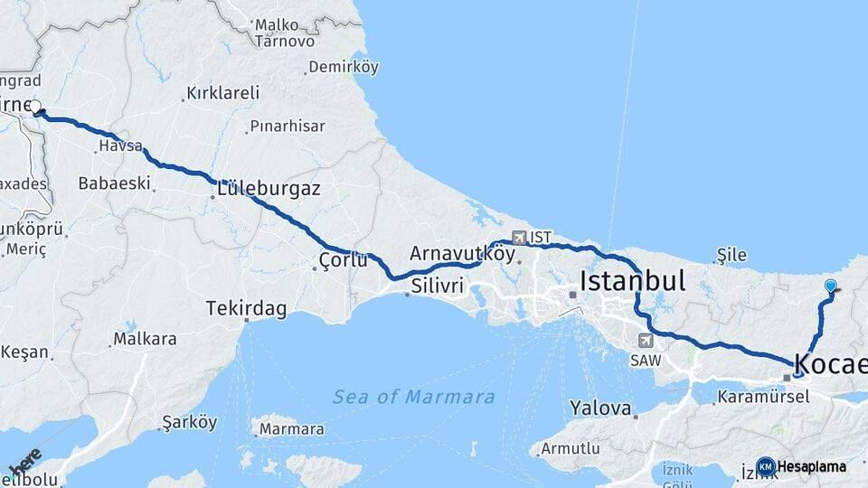 Kocaeli Kandıra Edirne Arası Kaç Km - Yol Haritası
