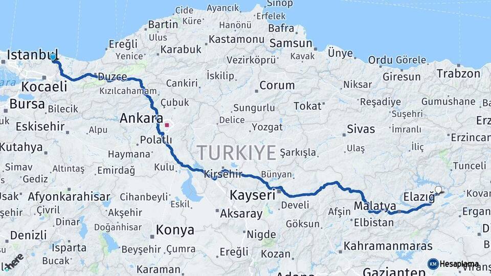 Kocaeli Kandıra Elazığ Arası Kaç Km - Yol Haritası