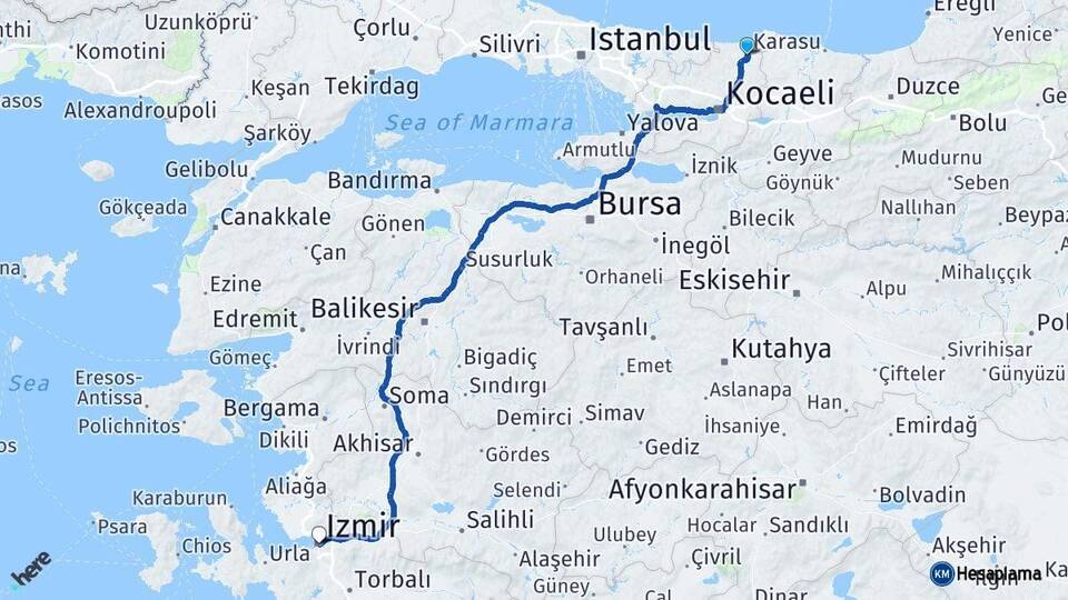 Kocaeli Kandıra İzmir Arası Kaç Km - Yol Haritası