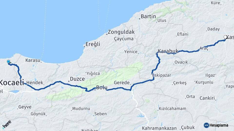Kocaeli Kandıra Kastamonu Arası Kaç Km - Yol Haritası