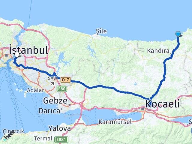 Kocaeli Kandıra Kerpe Çengelköy Üsküdar İstanbul Arası Kaç Km - Yol Haritası