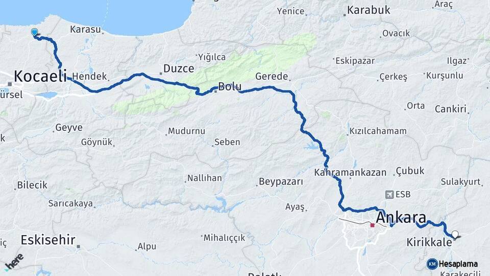 Kocaeli Kandıra Kırıkkale Arası Kaç Km - Yol Haritası