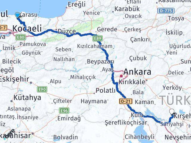Kocaeli Kandıra Kırşehir Arası Kaç Km - Yol Haritası