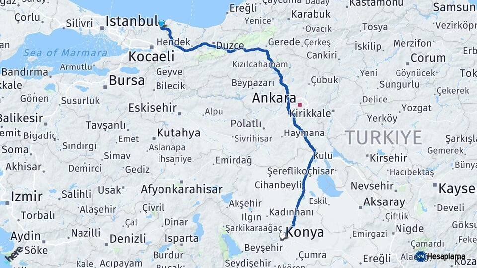 Kocaeli Kandıra Konya Arası Kaç Km - Yol Haritası