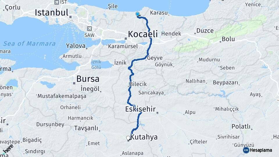 Kocaeli Kandıra Kütahya Arası Kaç Km - Yol Haritası