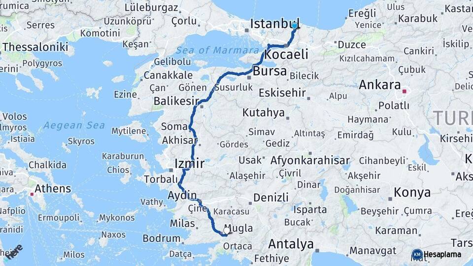 Kocaeli Kandıra Muğla Arası Kaç Km - Yol Haritası