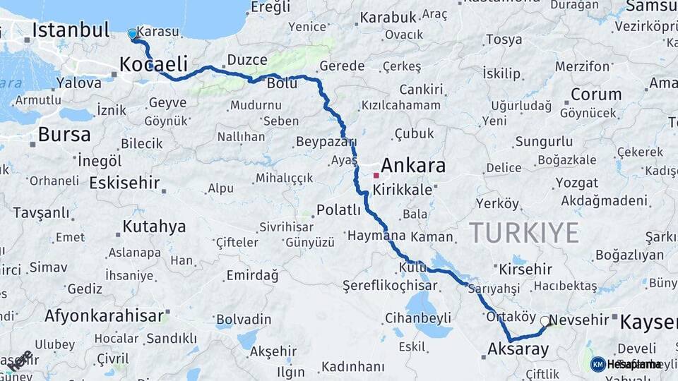 Kocaeli Kandıra Nevşehir Arası Kaç Km - Yol Haritası