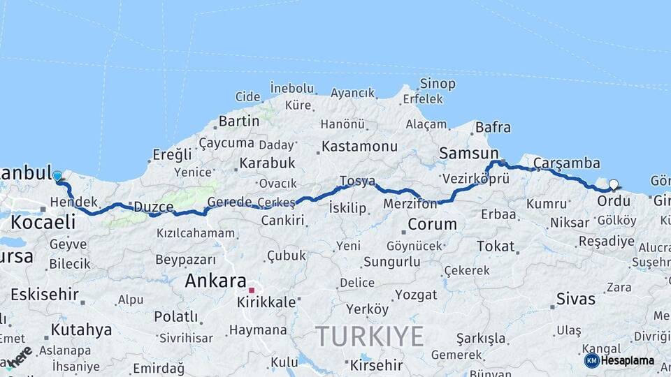 Kocaeli Kandıra Ordu Arası Kaç Km - Yol Haritası