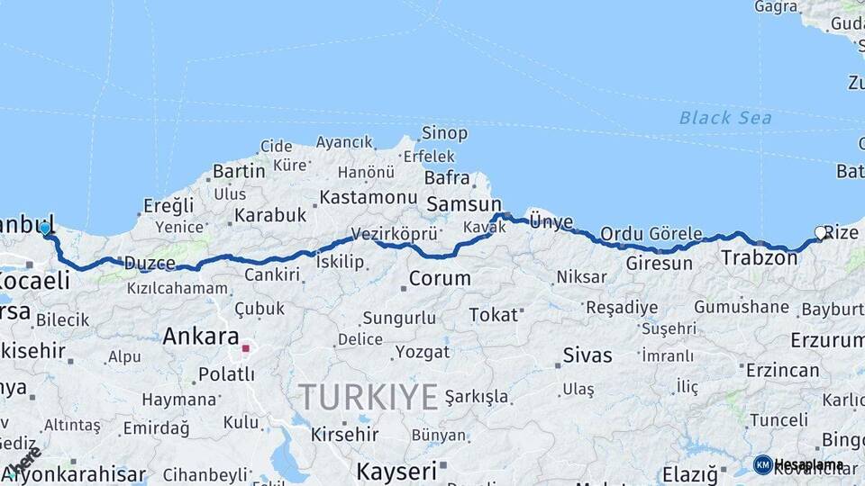 Kocaeli Kandıra Rize Arası Kaç Km - Yol Haritası