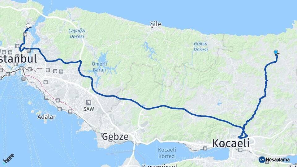Kocaeli Kandıra Sarıyer İstanbul Arası Kaç Km - Yol Haritası
