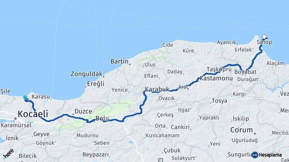 Kocaeli Kandıra Sinop Arası Kaç Km - Yol Haritası