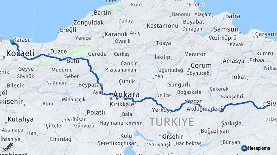 Kocaeli Kandıra Sivas Arası Kaç Km - Yol Haritası