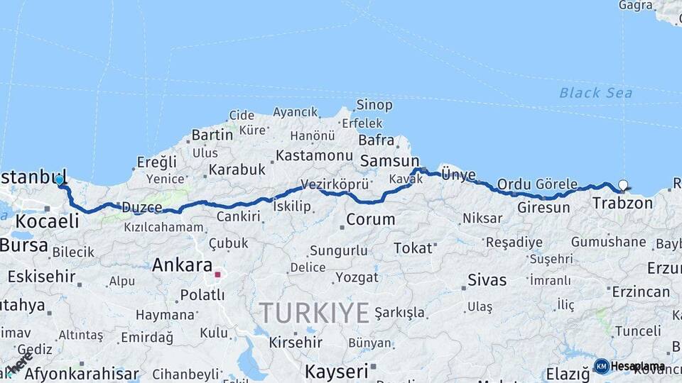 Kocaeli Kandıra Trabzon Arası Kaç Km - Yol Haritası