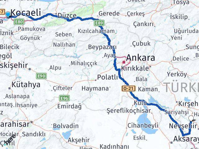 Kocaeli Kapadokya Havalimanı Arası Kaç Km - Yol Haritası