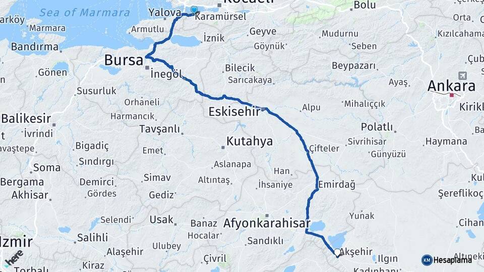 Kocaeli Karamürsel Akşehir Konya Arası Kaç Km - Yol Haritası