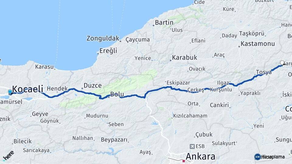 Kocaeli Kargı Çorum Arası Kaç Km - Yol Haritası