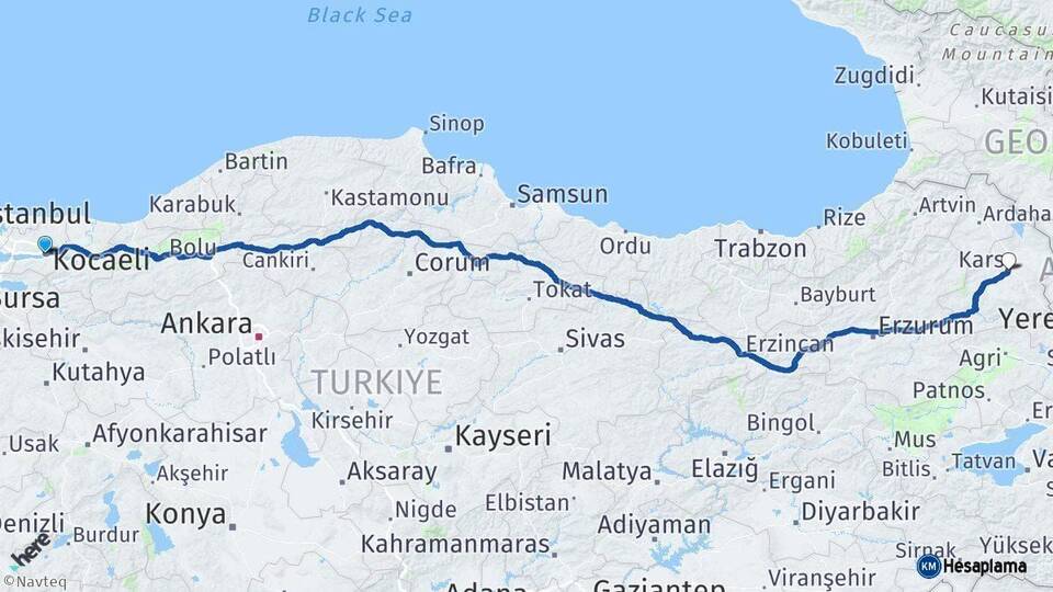 Kocaeli Kars Arası Kaç Km - Yol Haritası