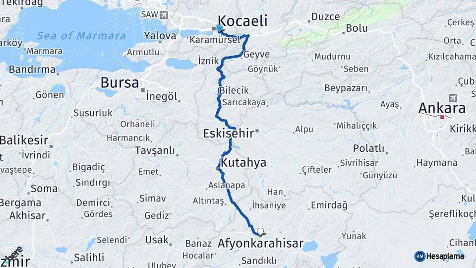 Kocaeli Kartepe Afyonkarahisar Arası Kaç Km - Yol Haritası